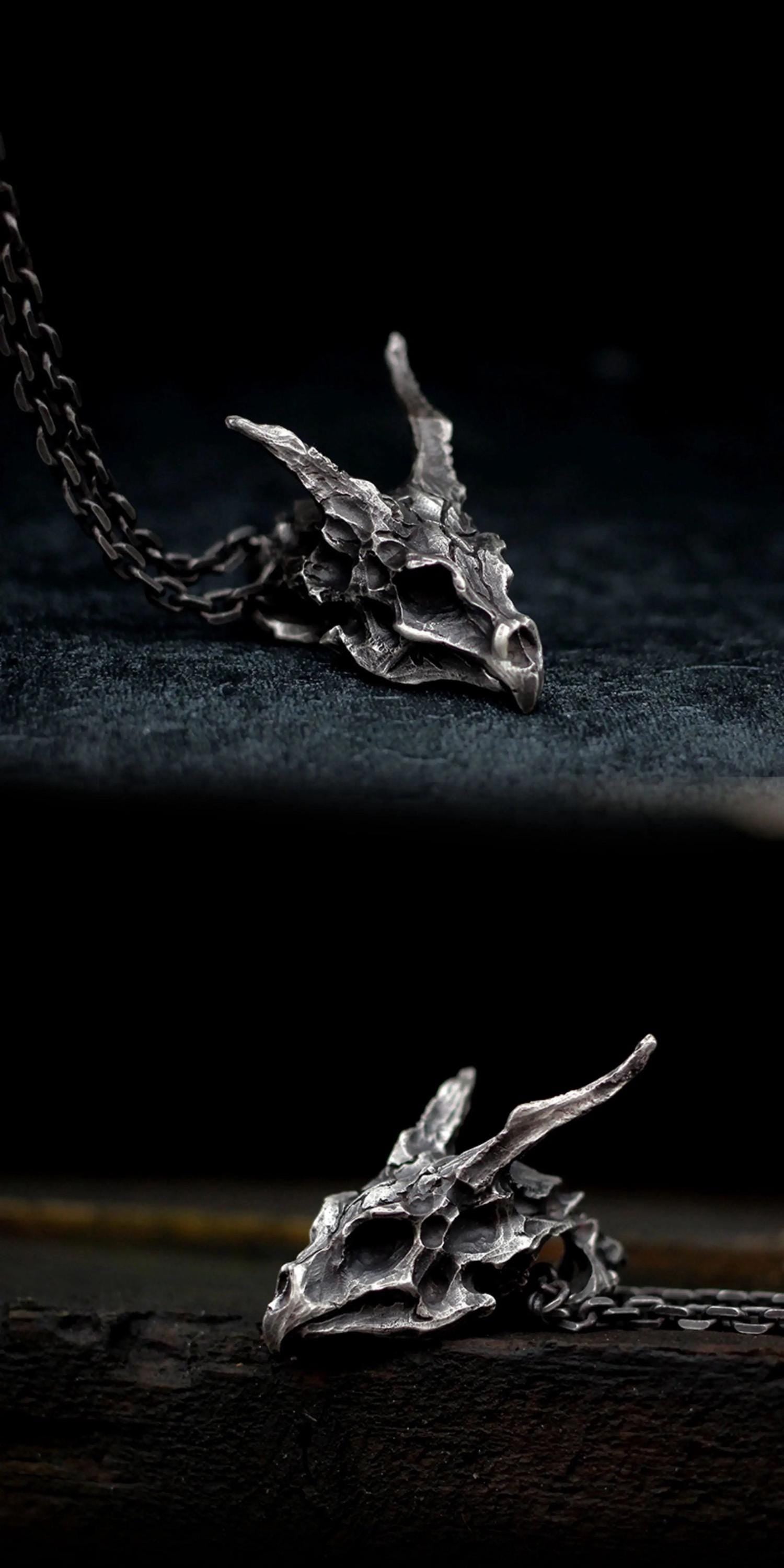 Handmade 925 Sterling Silver Dragon Skull Pendant Necklace, Vintage Brass Gothic Mythical Animal Amulet, Punk Biker Jewelry