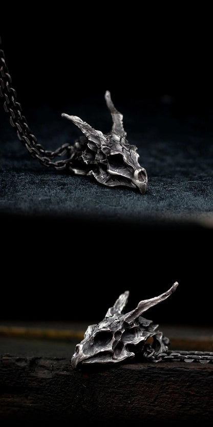 Handmade 925 Sterling Silver Dragon Skull Pendant Necklace, Vintage Brass Gothic Mythical Animal Amulet, Punk Biker Jewelry