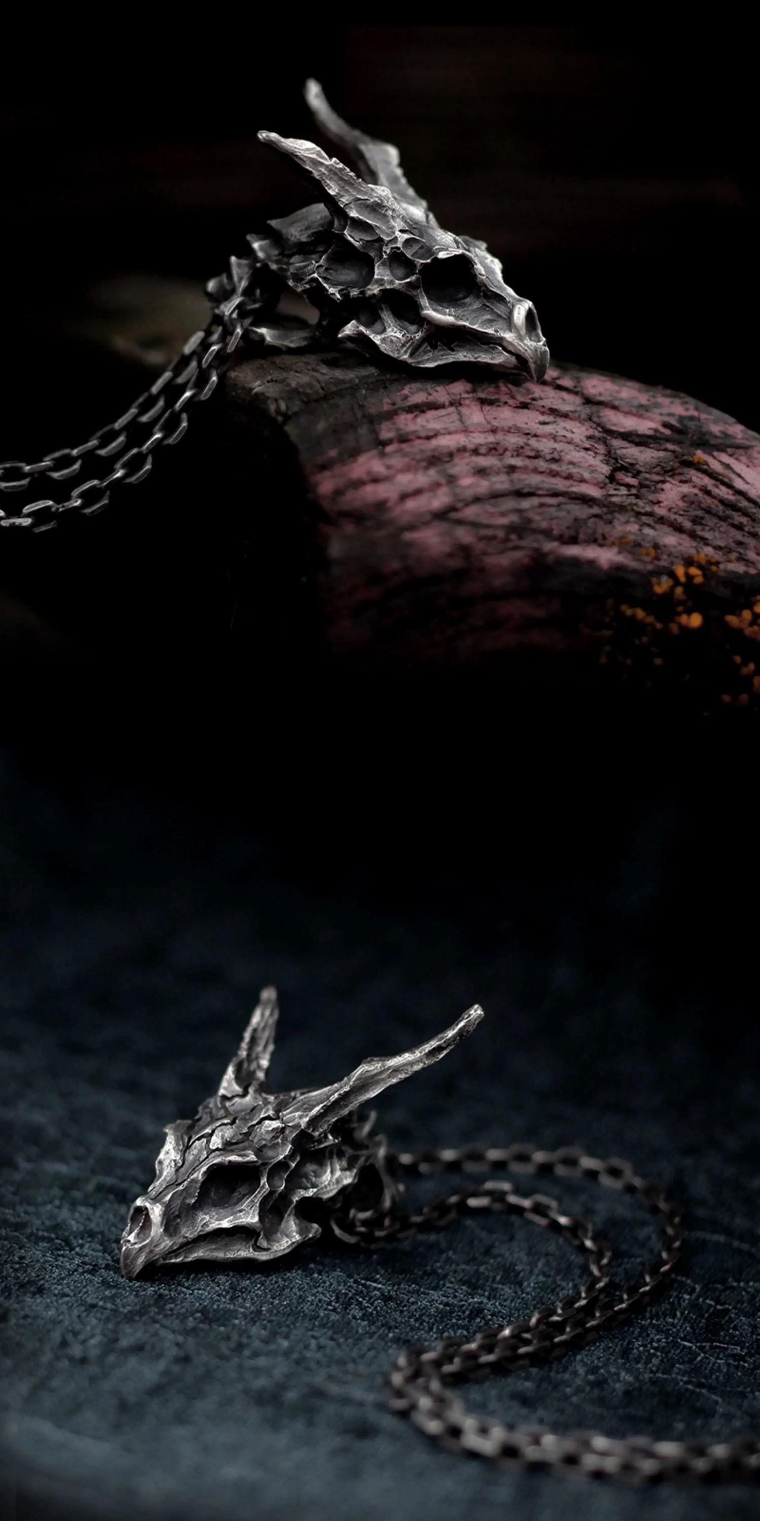 Handmade 925 Sterling Silver Dragon Skull Pendant Necklace, Vintage Brass Gothic Mythical Animal Amulet, Punk Biker Jewelry
