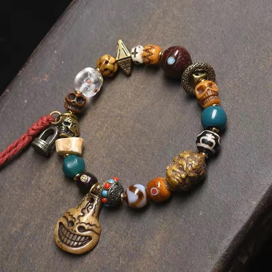 Tibetan Multi-Treasure Bracelet: Yak Bone Adai, Camel Bone Skull, Star Moon Bodhi, Agate, Dzibead Mala, Himalayan Buddhist Prayer Beads