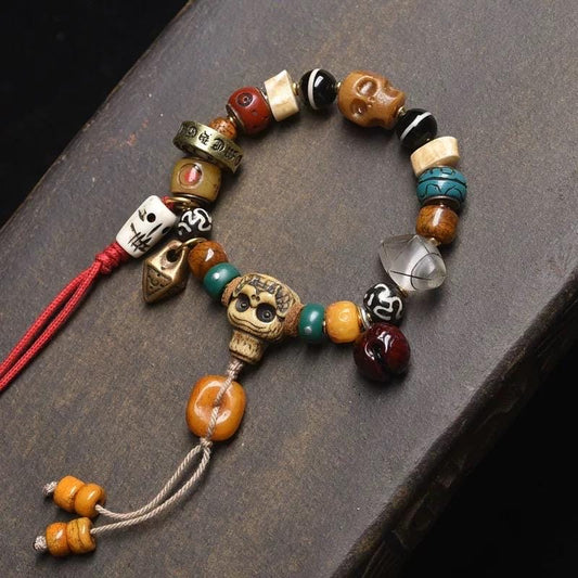 Tibetan Multi-Treasure Bracelet: Yak Bone Adai, Camel Bone Skull, Star Moon Bodhi, Agate, Dzibead Mala, Himalayan Buddhist Prayer Beads