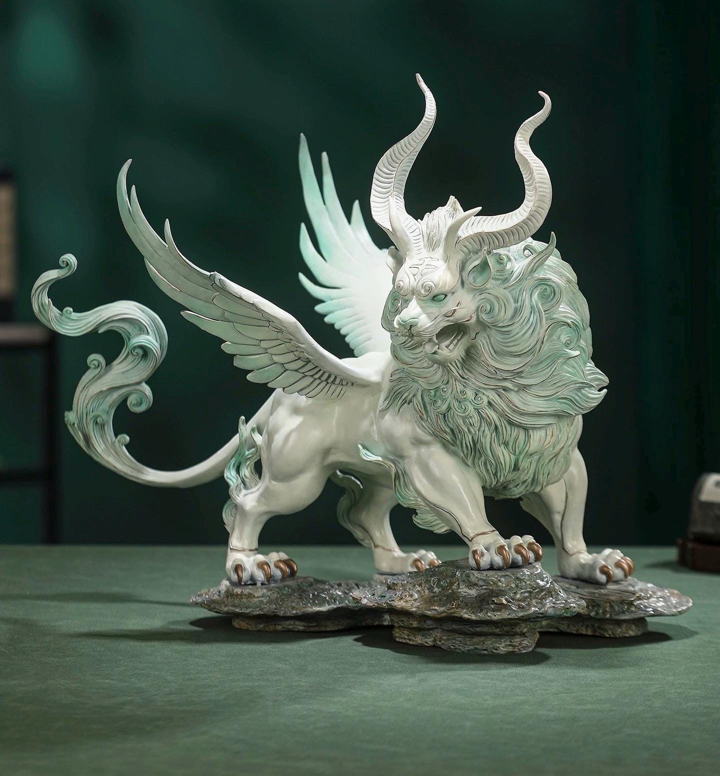 Mythical Bai Ze Statue - Shanhaijing Spirit Beast Decor, White Guardian Lion Figurine for Living Room, Office, Housewarming & Opening Gift