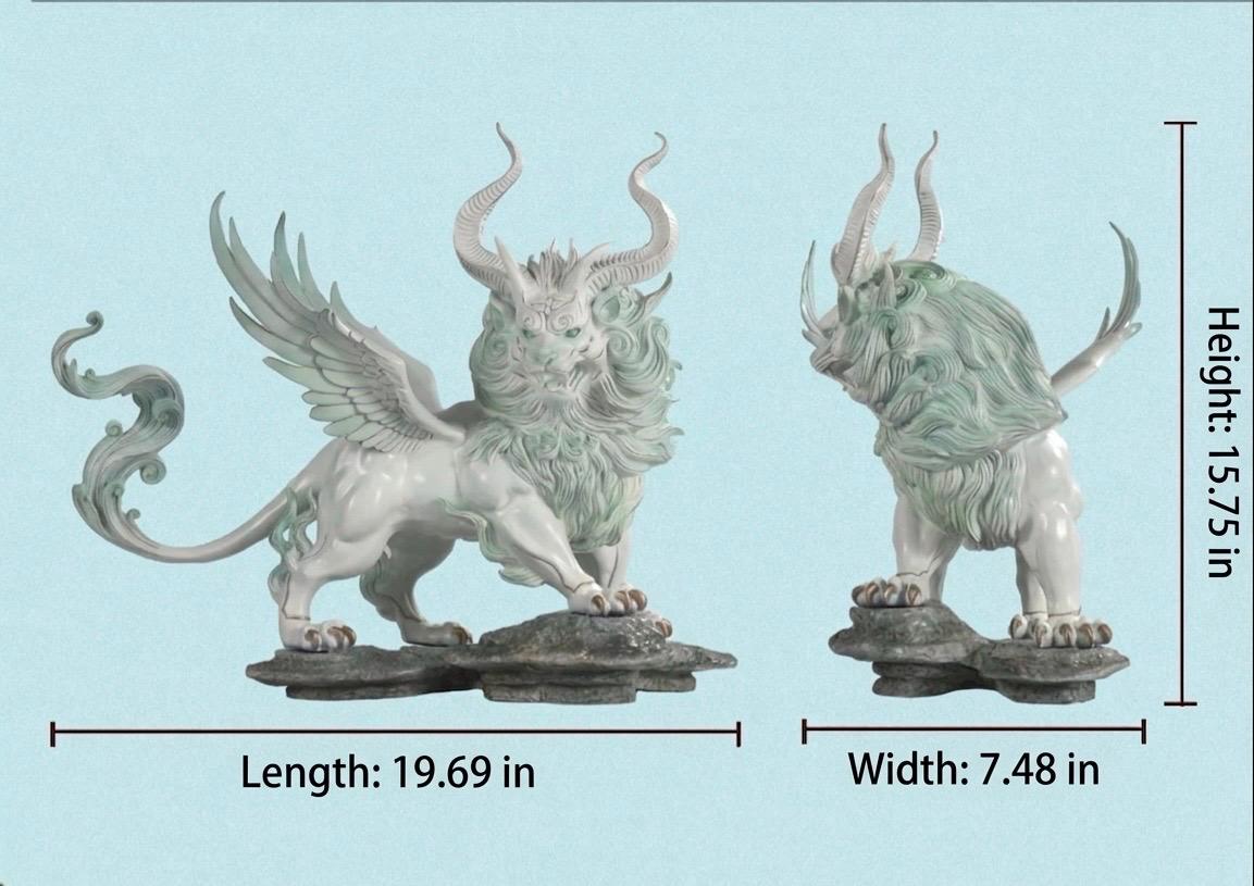 Mythical Bai Ze Statue - Shanhaijing Spirit Beast Decor, White Guardian Lion Figurine for Living Room, Office, Housewarming & Opening Gift