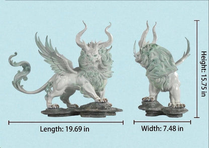 Mythical Bai Ze Statue - Shanhaijing Spirit Beast Decor, White Guardian Lion Figurine for Living Room, Office, Housewarming & Opening Gift