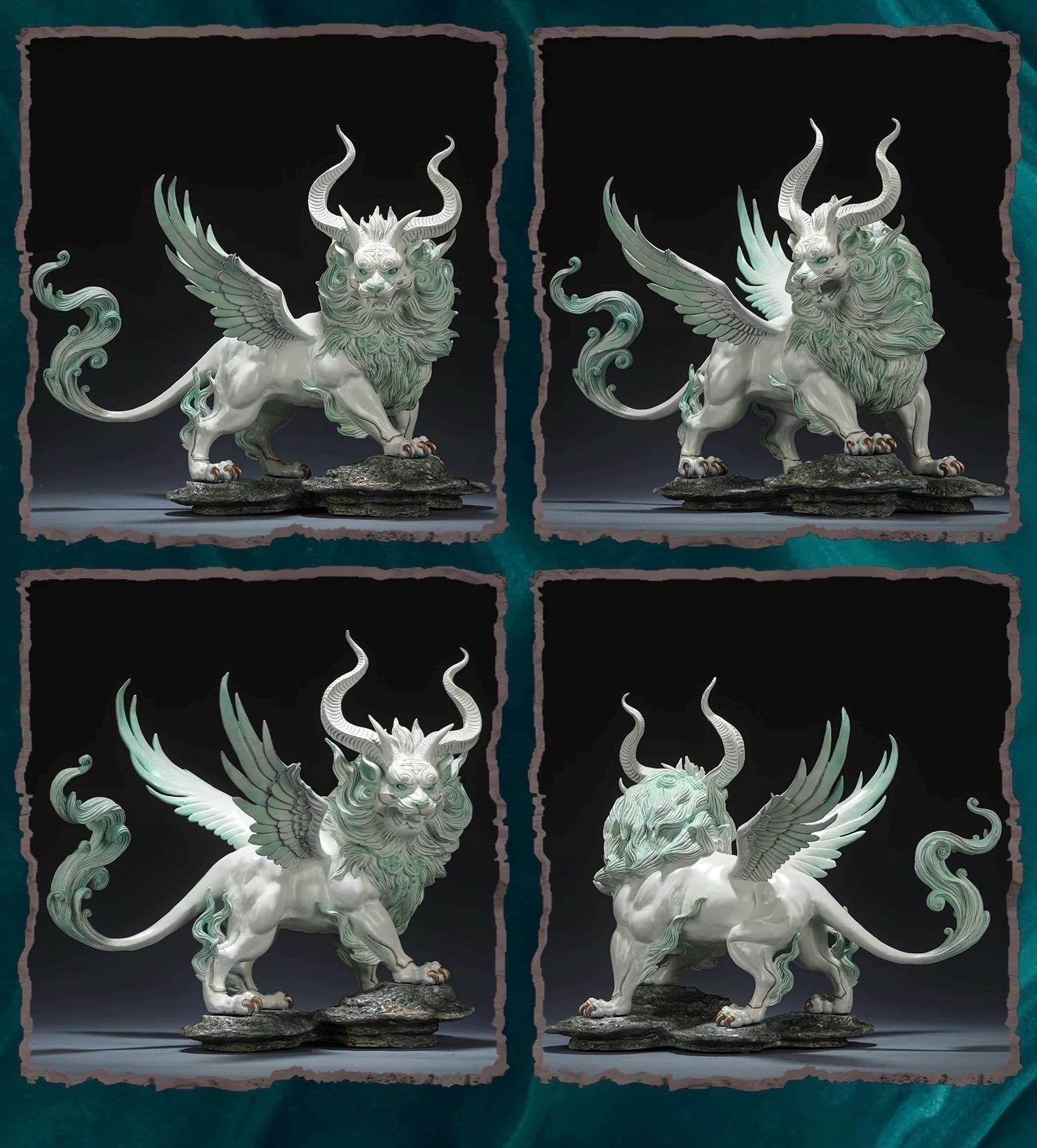 Mythical Bai Ze Statue - Shanhaijing Spirit Beast Decor, White Guardian Lion Figurine for Living Room, Office, Housewarming & Opening Gift