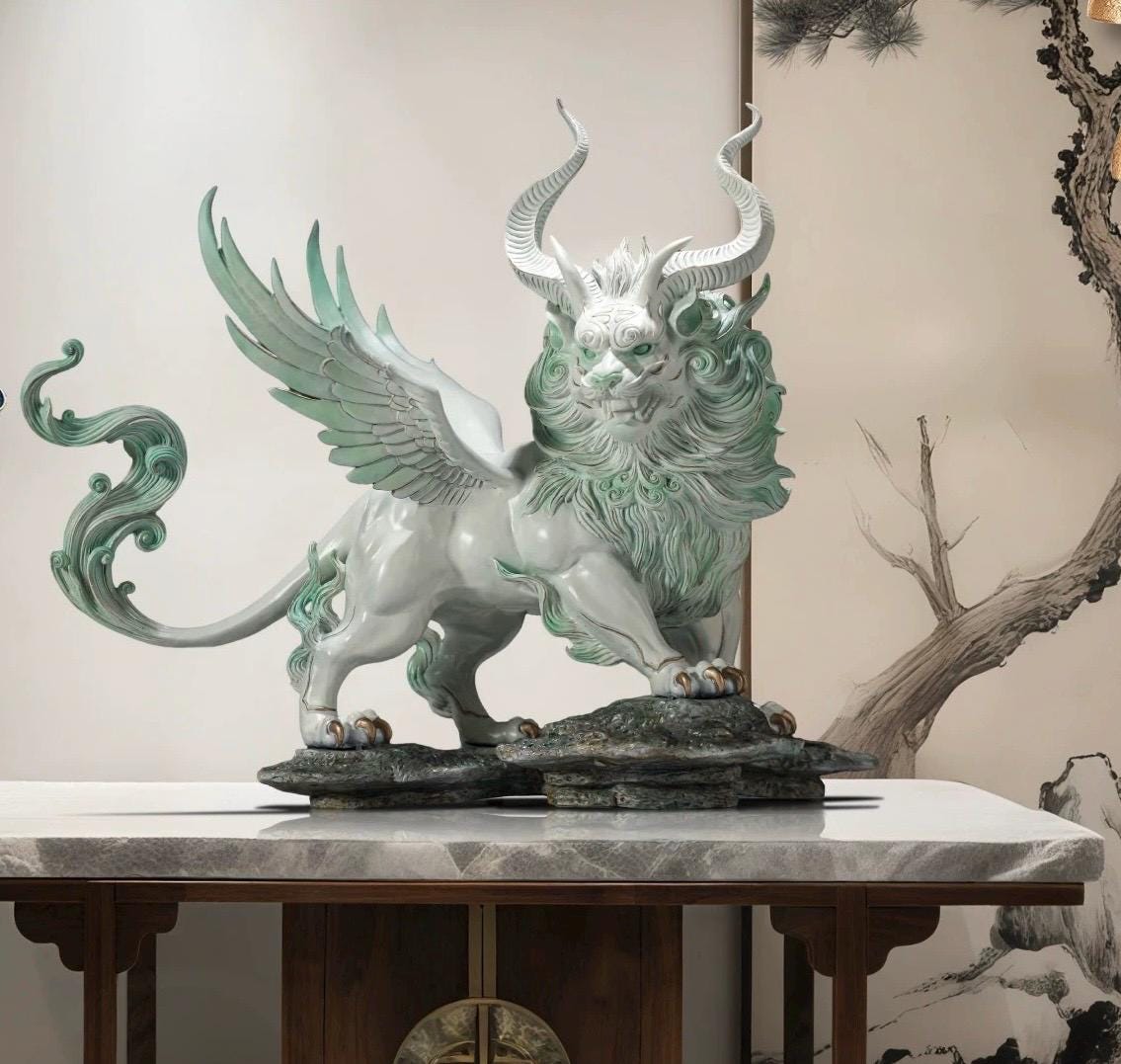 Mythical Bai Ze Statue - Shanhaijing Spirit Beast Decor, White Guardian Lion Figurine for Living Room, Office, Housewarming & Opening Gift