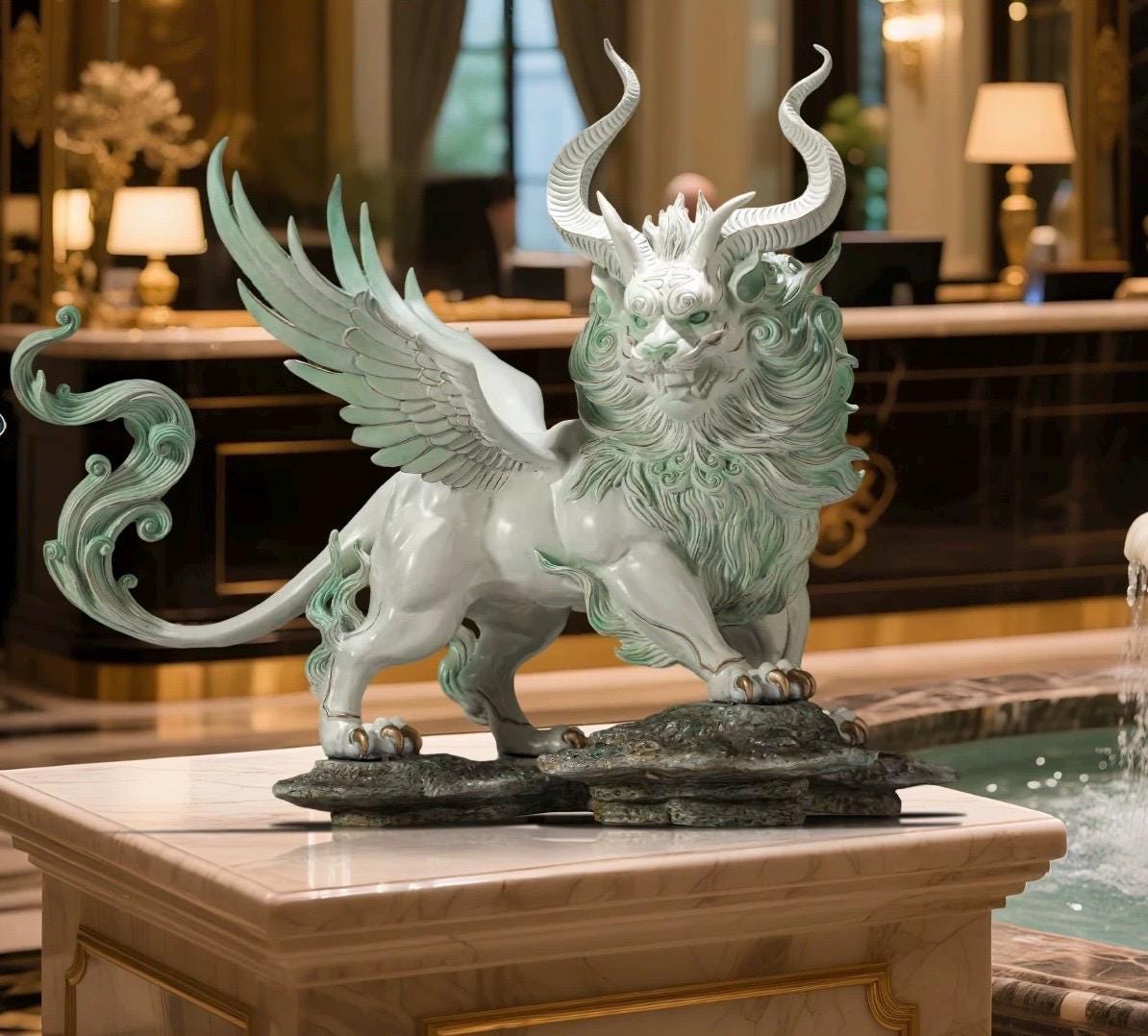Mythical Bai Ze Statue - Shanhaijing Spirit Beast Decor, White Guardian Lion Figurine for Living Room, Office, Housewarming & Opening Gift