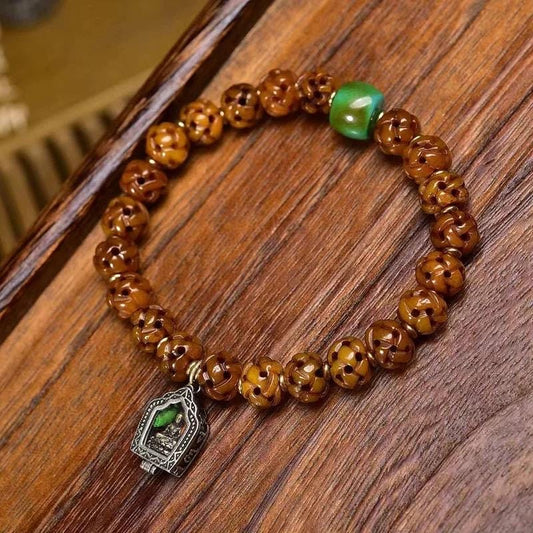 Handmade Tibetan Bone Bead Bracelet with Turquoise - Hollow Carved Barrel Bead, Buddhist Prayer Beads, Vintage Gau Box Pendant, Unique Gift