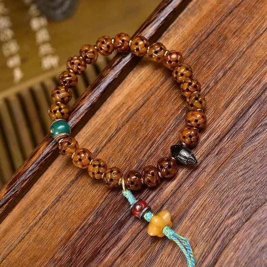 Handmade Tibetan Bone Bead Bracelet with Turquoise - Hollow Carved Barrel Bead, Buddhist Prayer Beads, Vintage Gau Box Pendant, Unique Gift