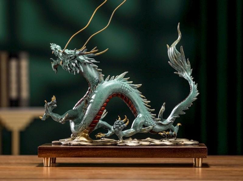Brass Dragon Statue Feng Shui Decor, Chinese Dragon Figurine for Home Office, Housewarming Gift for Good Luck, Oriental Mythical Sculpture