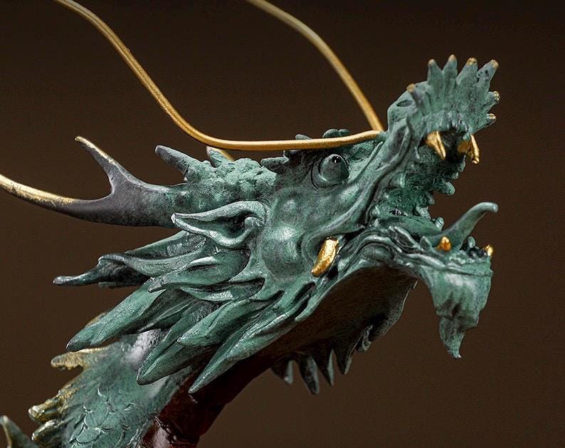 Brass Dragon Statue Feng Shui Decor, Chinese Dragon Figurine for Home Office, Housewarming Gift for Good Luck, Oriental Mythical Sculpture