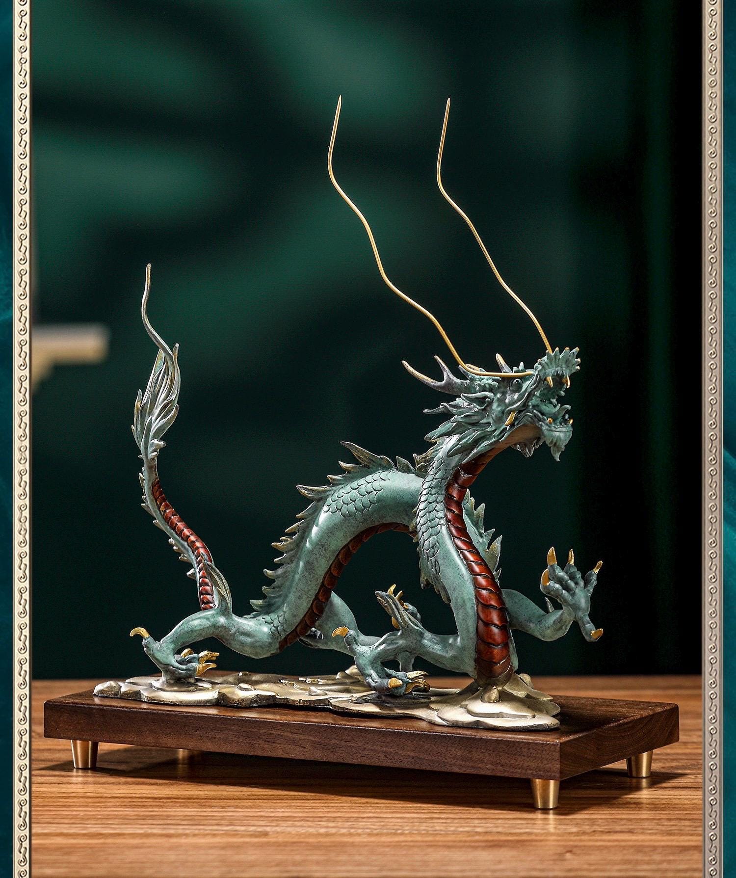 Brass Dragon Statue Feng Shui Decor, Chinese Dragon Figurine for Home Office, Housewarming Gift for Good Luck, Oriental Mythical Sculpture