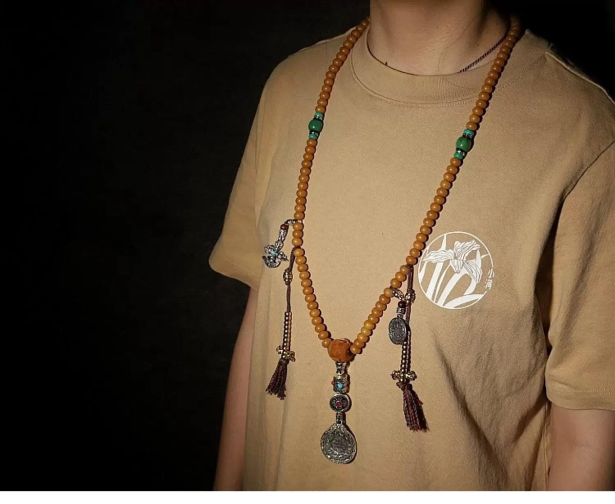 Handmade 108 Bodhi Root Mala Beads Necklace Tibetan Style Agate Bracelet Mens Women Buddhist Prayer Beads Original Weathered Bodhi Seeds