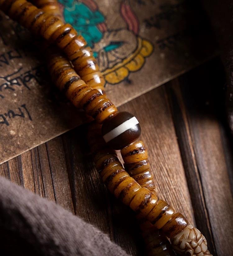 Original Tibetan Yak Bone Prayer Beads, Old Material 108 Mala Beads, Handmade Distressed Buddha Bracelet, Meditation Rosary, Ethnic Jewelry