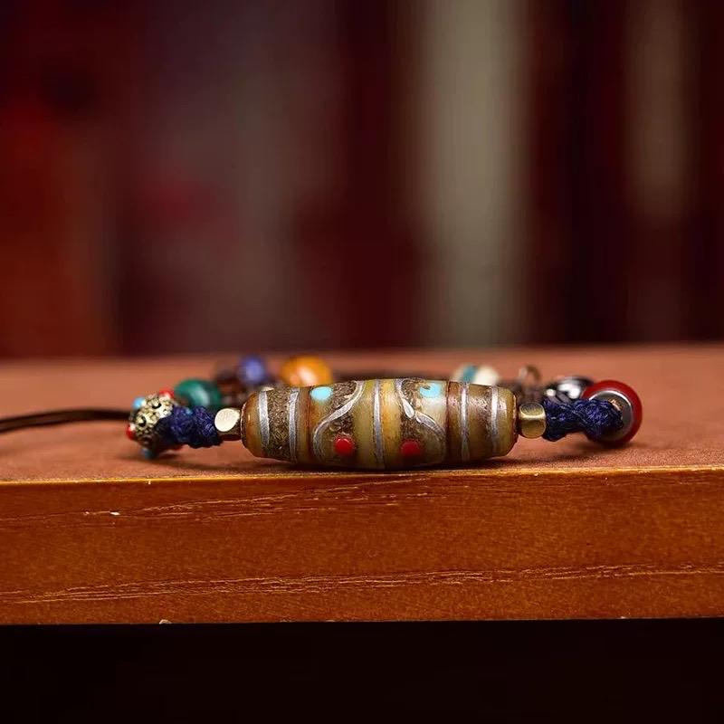 Tibetan Multi-Treasure Bracelet: Yak Bone Adai, Camel Bone Skull, Star Moon Bodhi, Agate, Dzibead Mala, Himalayan Buddhist Prayer Beads