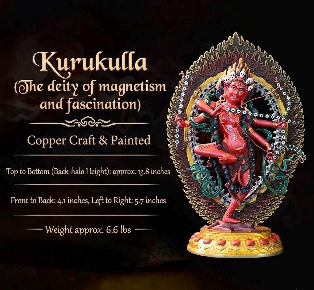 Kurukulla Statue, Tibetan Goddess of Love, Hand Painted Copper Buddhist Deity, Repousse Art, Spiritual Altar Gift, Mandala
