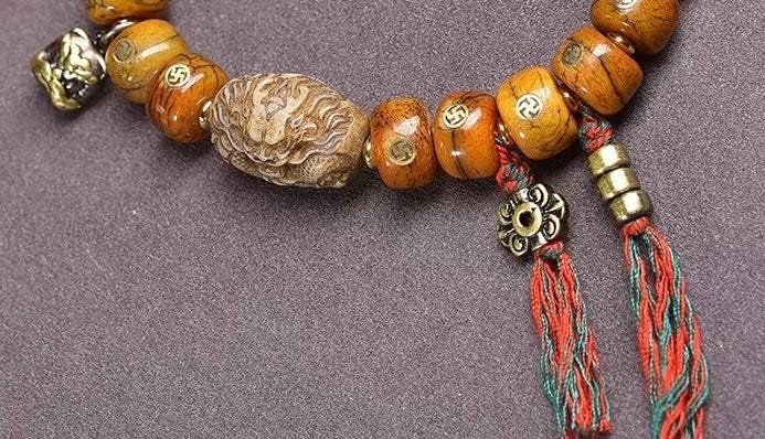 Natural Yak Bone Bracelet with Inlaid Wan Symbol, Tibetan Buddhism Mala Beads Ethnic Prayer Bead Bangle Meditative Zen Jewelry for Men Women