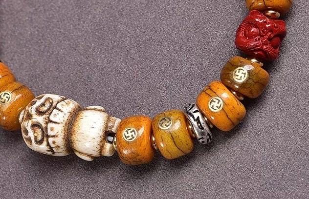 Natural Yak Bone Bracelet with Inlaid Wan Symbol, Tibetan Buddhism Mala Beads Ethnic Prayer Bead Bangle Meditative Zen Jewelry for Men Women