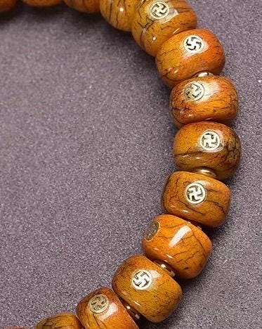 Natural Yak Bone Bracelet with Inlaid Wan Symbol, Tibetan Buddhism Mala Beads Ethnic Prayer Bead Bangle Meditative Zen Jewelry for Men Women