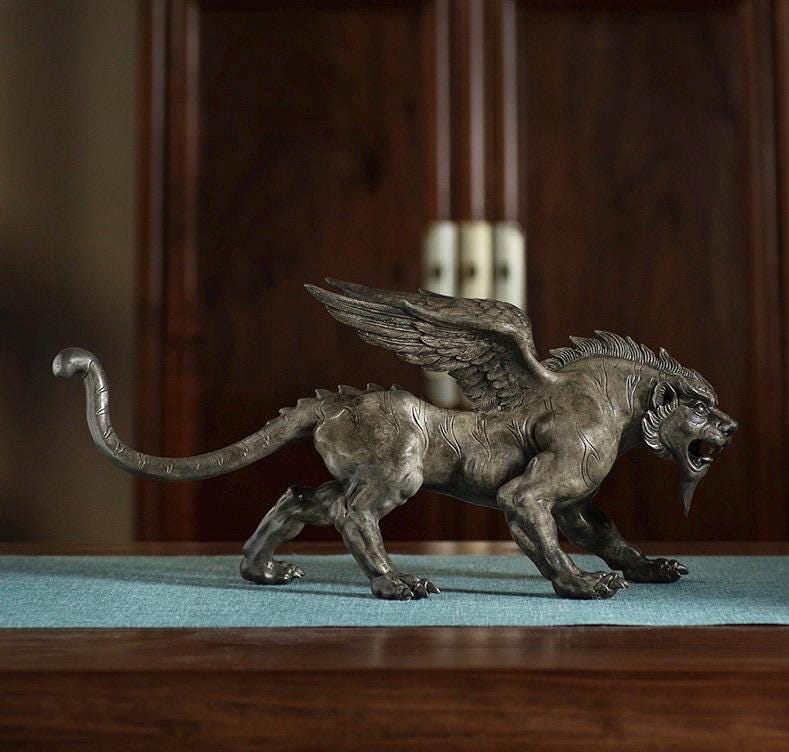 Vintage Bronze Winged Tiger Statue, Bi'an Mythical Beast Figurine, Feng Shui Tiger with WingsSculpture, Home Office Decor, Wealth Power Gift
