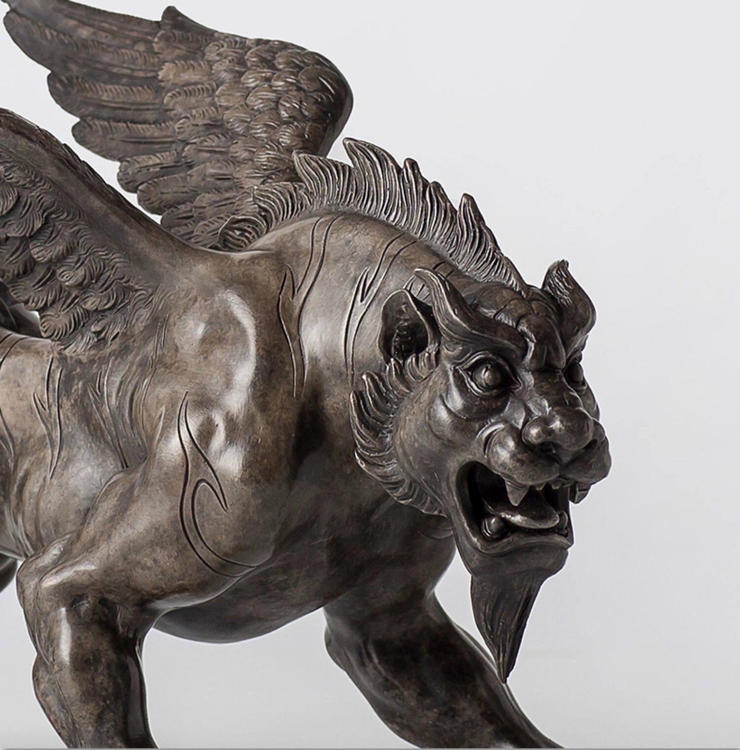 Vintage Bronze Winged Tiger Statue, Bi'an Mythical Beast Figurine, Feng Shui Tiger with WingsSculpture, Home Office Decor, Wealth Power Gift