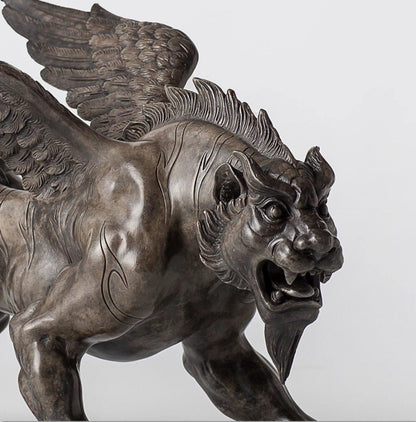 Vintage Bronze Winged Tiger Statue, Bi'an Mythical Beast Figurine, Feng Shui Tiger with WingsSculpture, Home Office Decor, Wealth Power Gift