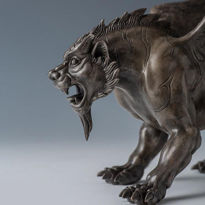Vintage Bronze Winged Tiger Statue, Bi'an Mythical Beast Figurine, Feng Shui Tiger with WingsSculpture, Home Office Decor, Wealth Power Gift