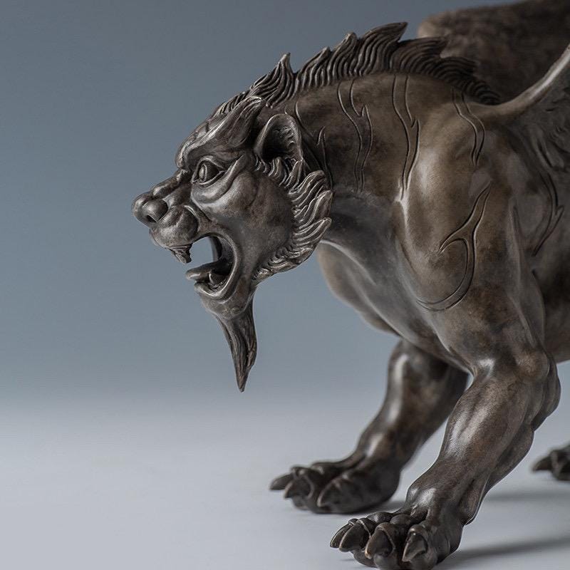 Vintage Bronze Winged Tiger Statue, Bi'an Mythical Beast Figurine, Feng Shui Tiger with WingsSculpture, Home Office Decor, Wealth Power Gift