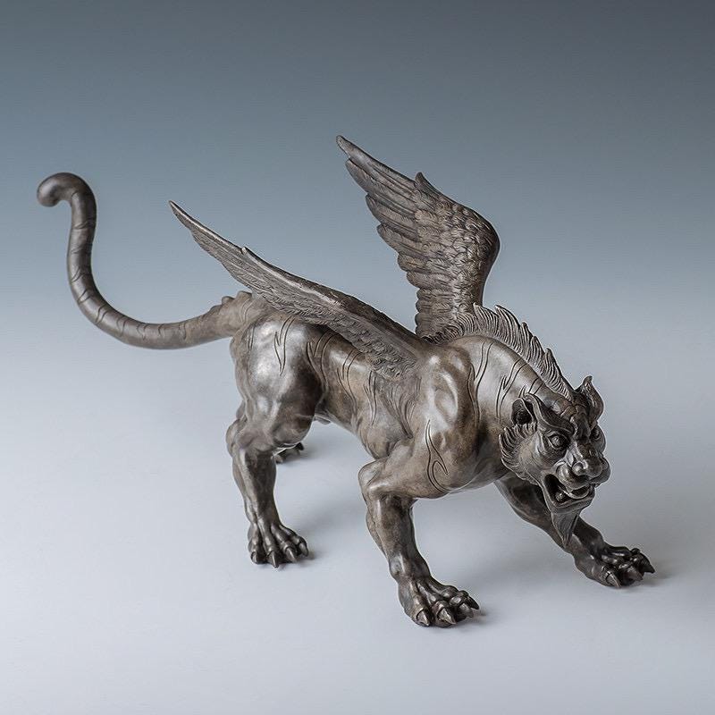 Vintage Bronze Winged Tiger Statue, Bi'an Mythical Beast Figurine, Feng Shui Tiger with WingsSculpture, Home Office Decor, Wealth Power Gift