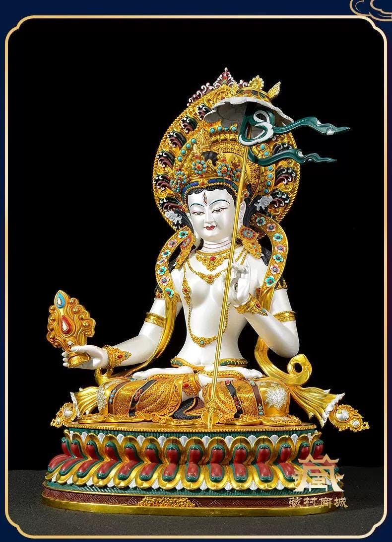 Sitatapatra Statue: Large White Umbrella Goddess Copper Buddha, Exquisite Hand-Painted Finish, Buddhist Ritual Home Altar Decor, Protective
