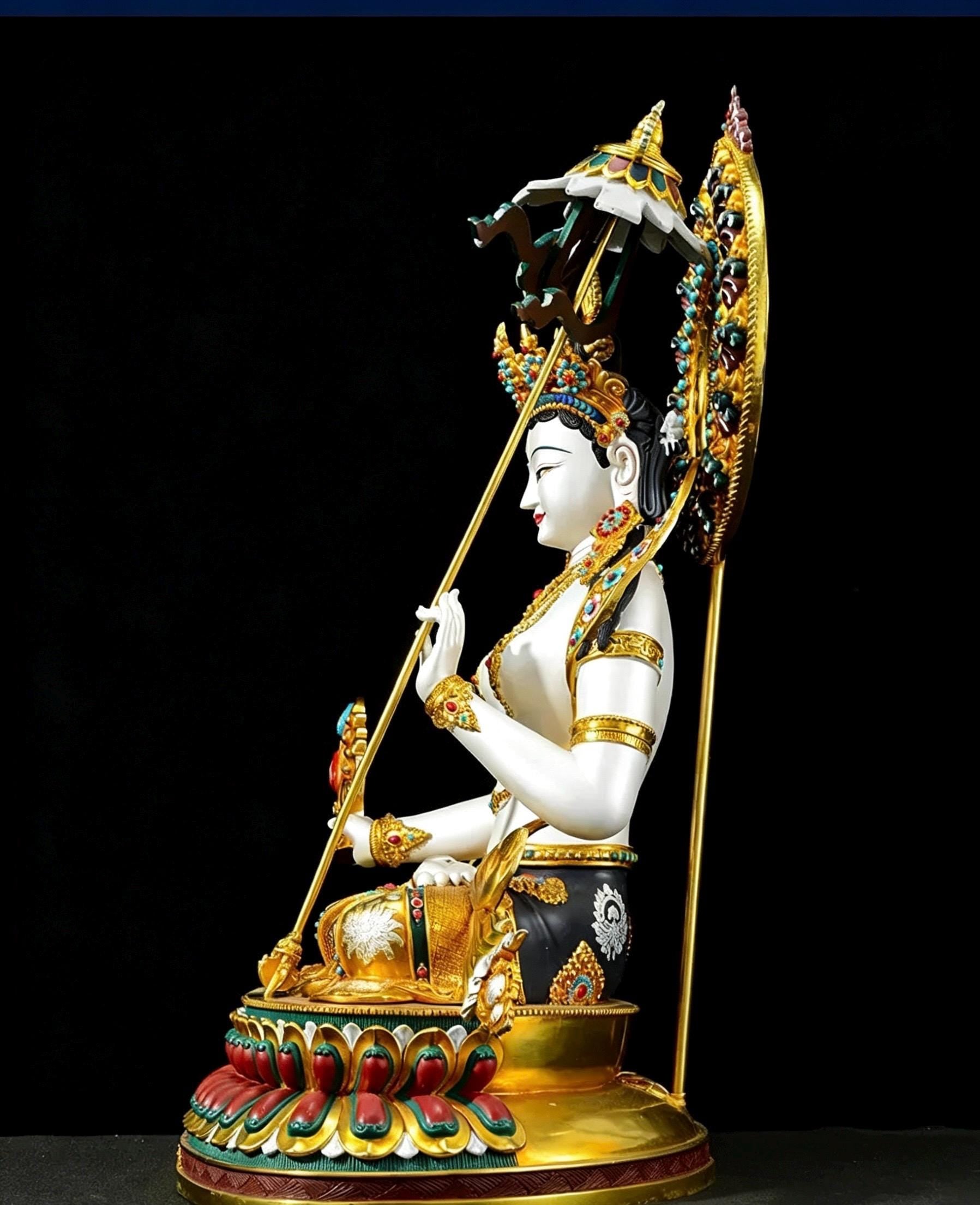 Sitatapatra Statue: Large White Umbrella Goddess Copper Buddha, Exquisite Hand-Painted Finish, Buddhist Ritual Home Altar Decor, Protective