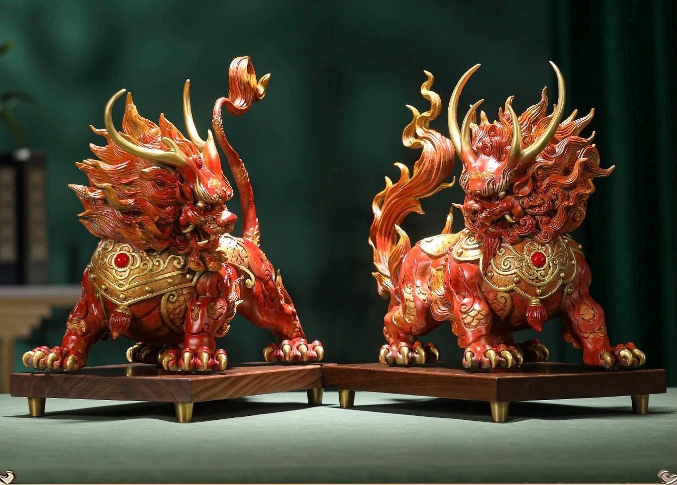 Handcrafted Brass Qilin Statues Pair - Mythical Kirin Sculpture for Home Office Decor, Housewarming & Grand Opening Gift, Feng Shui Art