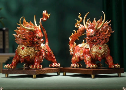 Handcrafted Brass Qilin Statues Pair - Mythical Kirin Sculpture for Home Office Decor, Housewarming & Grand Opening Gift, Feng Shui Art