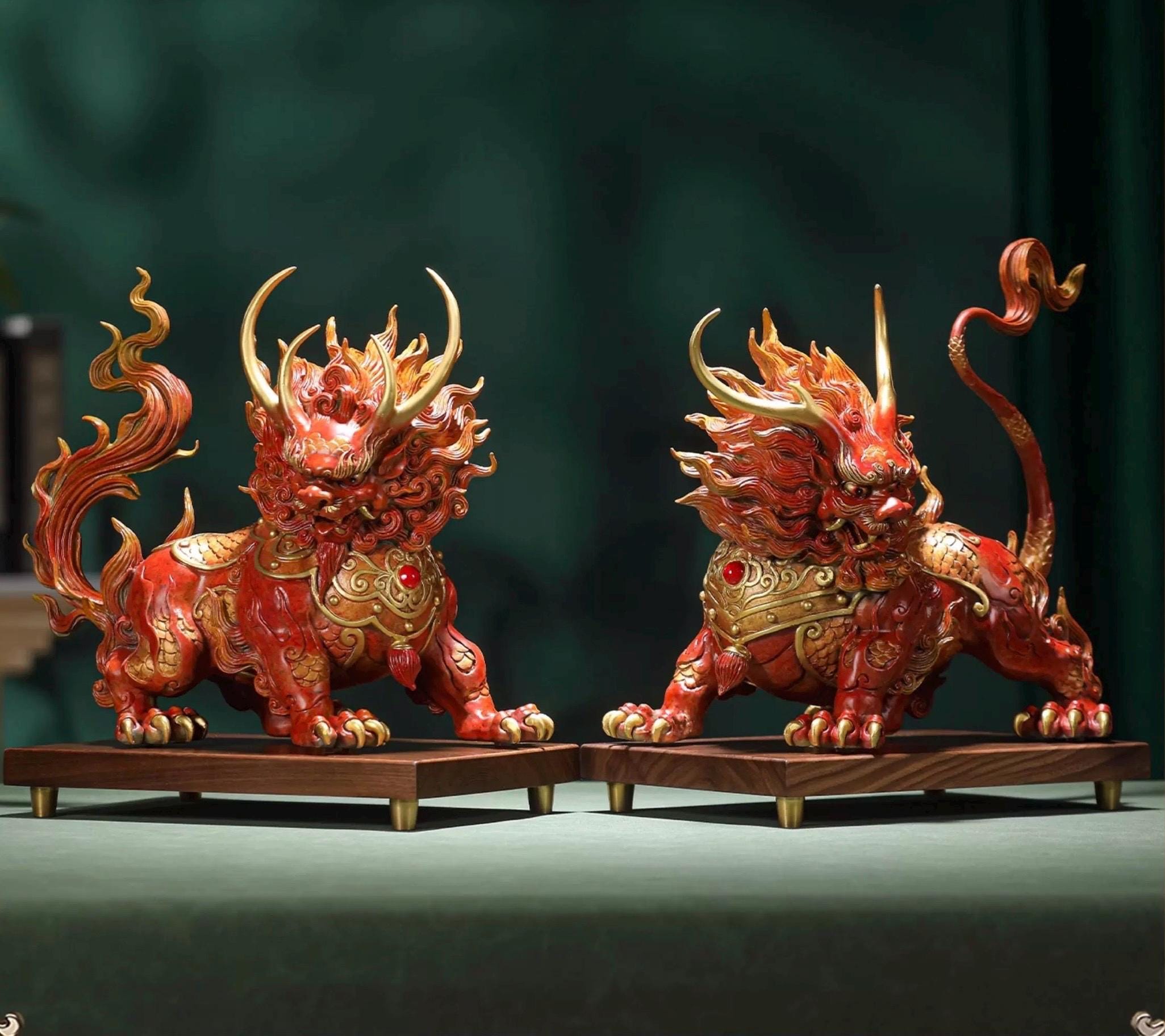 Handcrafted Brass Qilin Statues Pair - Mythical Kirin Sculpture for Home Office Decor, Housewarming & Grand Opening Gift, Feng Shui Art