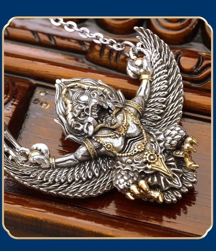Garuda Pendant Necklace S925 Sterling Silver Plated Copper, Mythical Bird Winged Deity Amulet, Tibetan Buddhist Jewelry Gift for Men Women