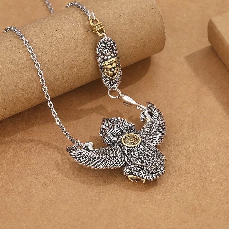 Garuda Pendant Necklace S925 Sterling Silver Plated Copper, Mythical Bird Winged Deity Amulet, Tibetan Buddhist Jewelry Gift for Men Women