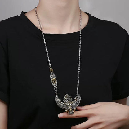 Garuda Pendant Necklace S925 Sterling Silver Plated Copper, Mythical Bird Winged Deity Amulet, Tibetan Buddhist Jewelry Gift for Men Women