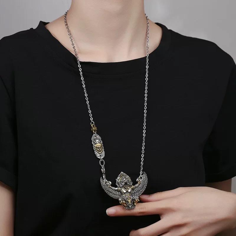 Garuda Pendant Necklace S925 Sterling Silver Plated Copper, Mythical Bird Winged Deity Amulet, Tibetan Buddhist Jewelry Gift for Men Women
