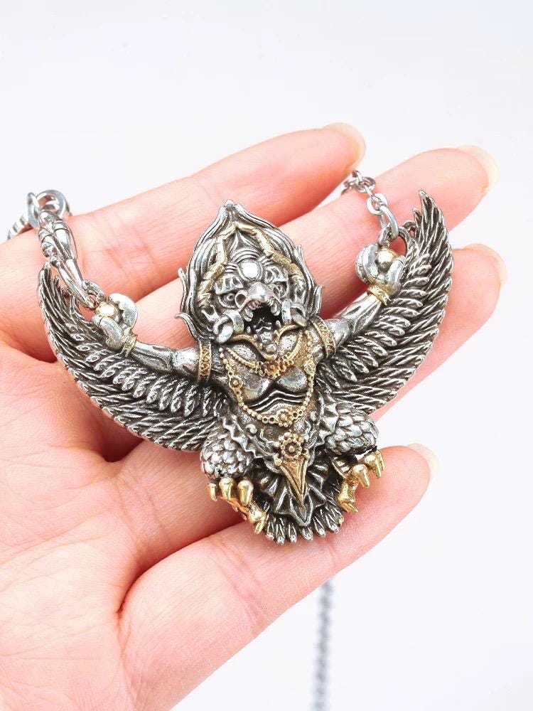 Garuda Pendant Necklace S925 Sterling Silver Plated Copper, Mythical Bird Winged Deity Amulet, Tibetan Buddhist Jewelry Gift for Men Women