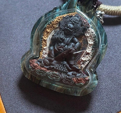 Handmade Black Jambhala Tsa Tsa Necklace, Tibetan Buddhist Gau Box Pendant, Miniature Thangka Amulet, Wealth & Prosperity Protector Gift
