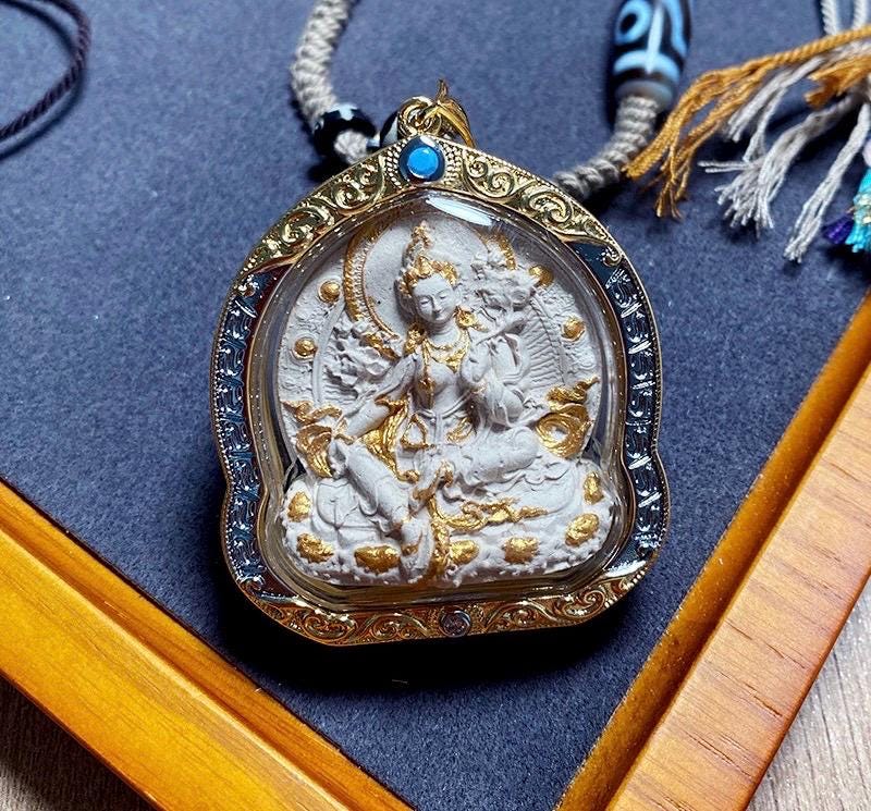 Hand-Painted Green Tara Ash & Medicine Tsa Tsa Gawu Box Pendant, Tibetan Gau Amulet Necklace, Buddhist Thangka Art, Sacred Protection Jewelr