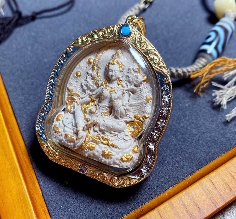 Hand-Painted Green Tara Ash & Medicine Tsa Tsa Gawu Box Pendant, Tibetan Gau Amulet Necklace, Buddhist Thangka Art, Sacred Protection Jewelr