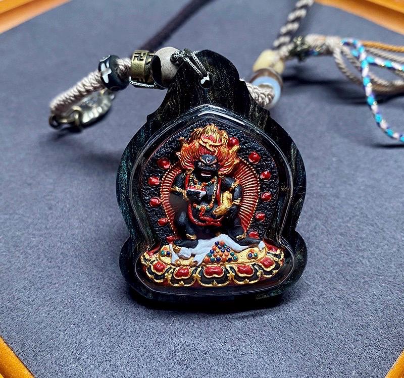 Hand-Painted Black Jambhala Tibetan Tsa Tsa Pendant, Mineral Pigment Buddhist Necklace, Spiritual Amulet for Wealth & Protection, Zen Gift