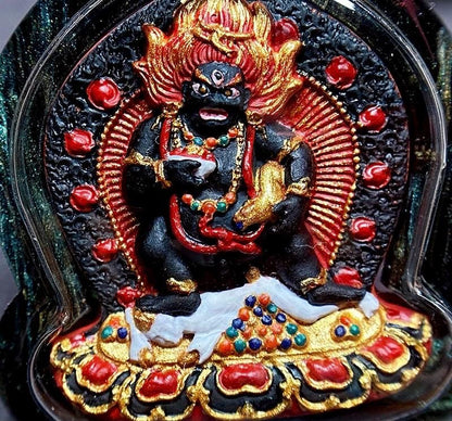 Hand-Painted Black Jambhala Tibetan Tsa Tsa Pendant, Mineral Pigment Buddhist Necklace, Spiritual Amulet for Wealth & Protection, Zen Gift