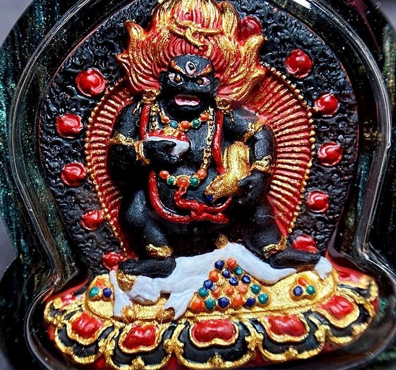 Hand-Painted Black Jambhala Tibetan Tsa Tsa Pendant, Mineral Pigment Buddhist Necklace, Spiritual Amulet for Wealth & Protection, Zen Gift