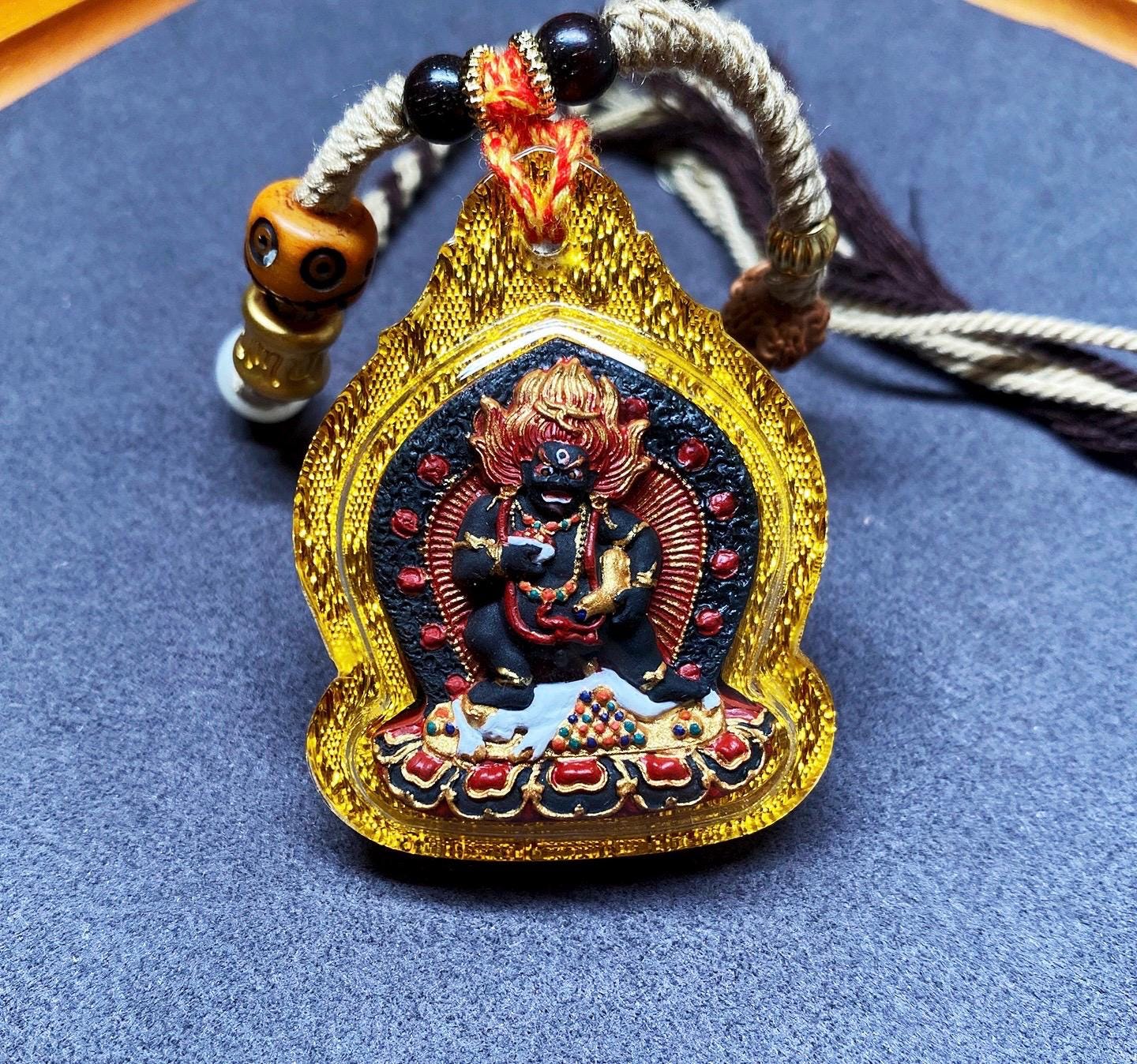 Hand-Painted Black Jambhala Tibetan Tsa Tsa Pendant, Mineral Pigment Buddhist Necklace, Spiritual Amulet for Wealth & Protection, Zen Gift