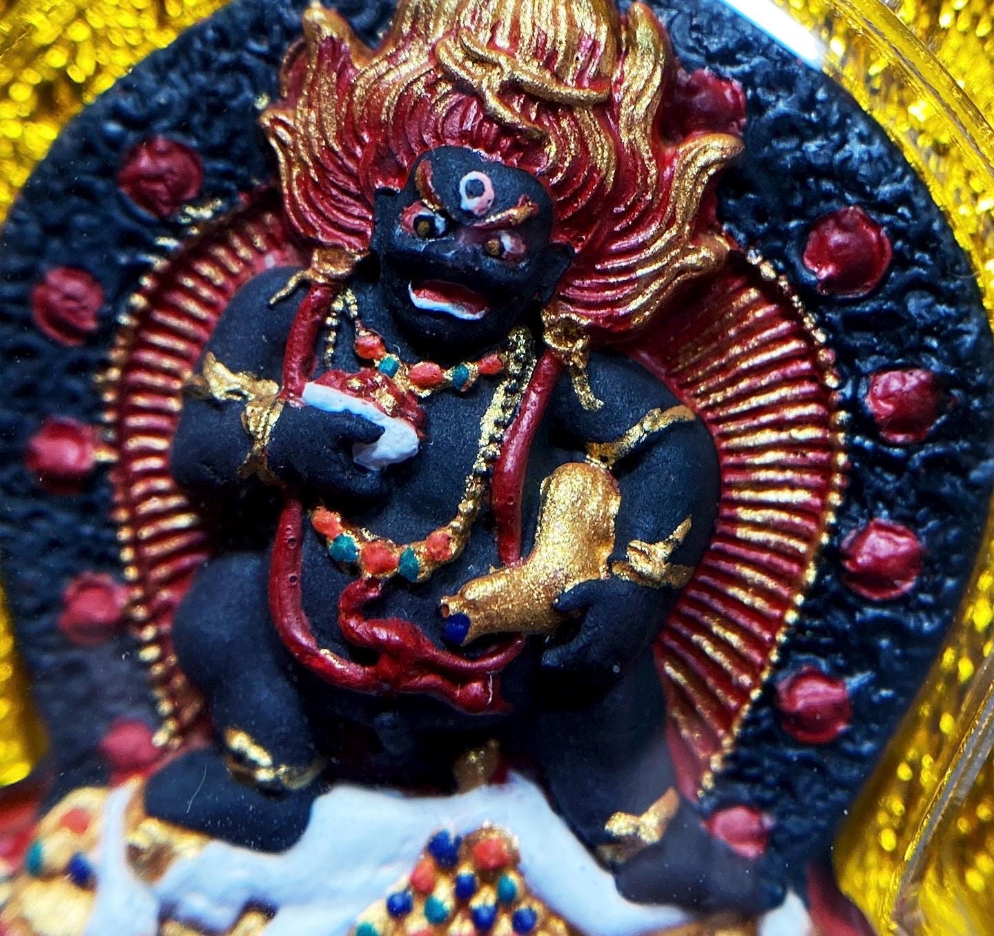 Hand-Painted Black Jambhala Tibetan Tsa Tsa Pendant, Mineral Pigment Buddhist Necklace, Spiritual Amulet for Wealth & Protection, Zen Gift