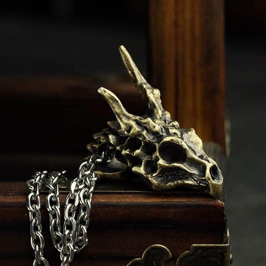 Handmade 925 Sterling Silver Dragon Skull Pendant Necklace, Vintage Brass Gothic Mythical Animal Amulet, Punk Biker Jewelry