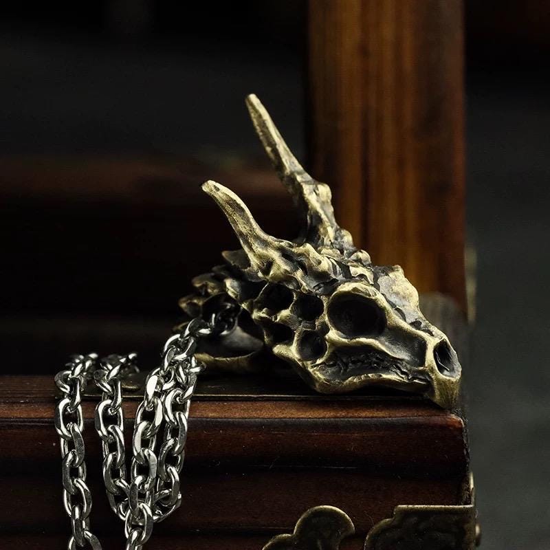 Handmade 925 Sterling Silver Dragon Skull Pendant Necklace, Vintage Brass Gothic Mythical Animal Amulet, Punk Biker Jewelry