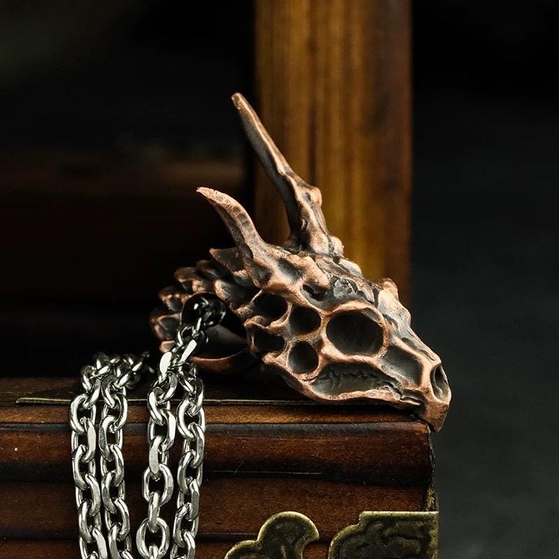 Handmade 925 Sterling Silver Dragon Skull Pendant Necklace, Vintage Brass Gothic Mythical Animal Amulet, Punk Biker Jewelry